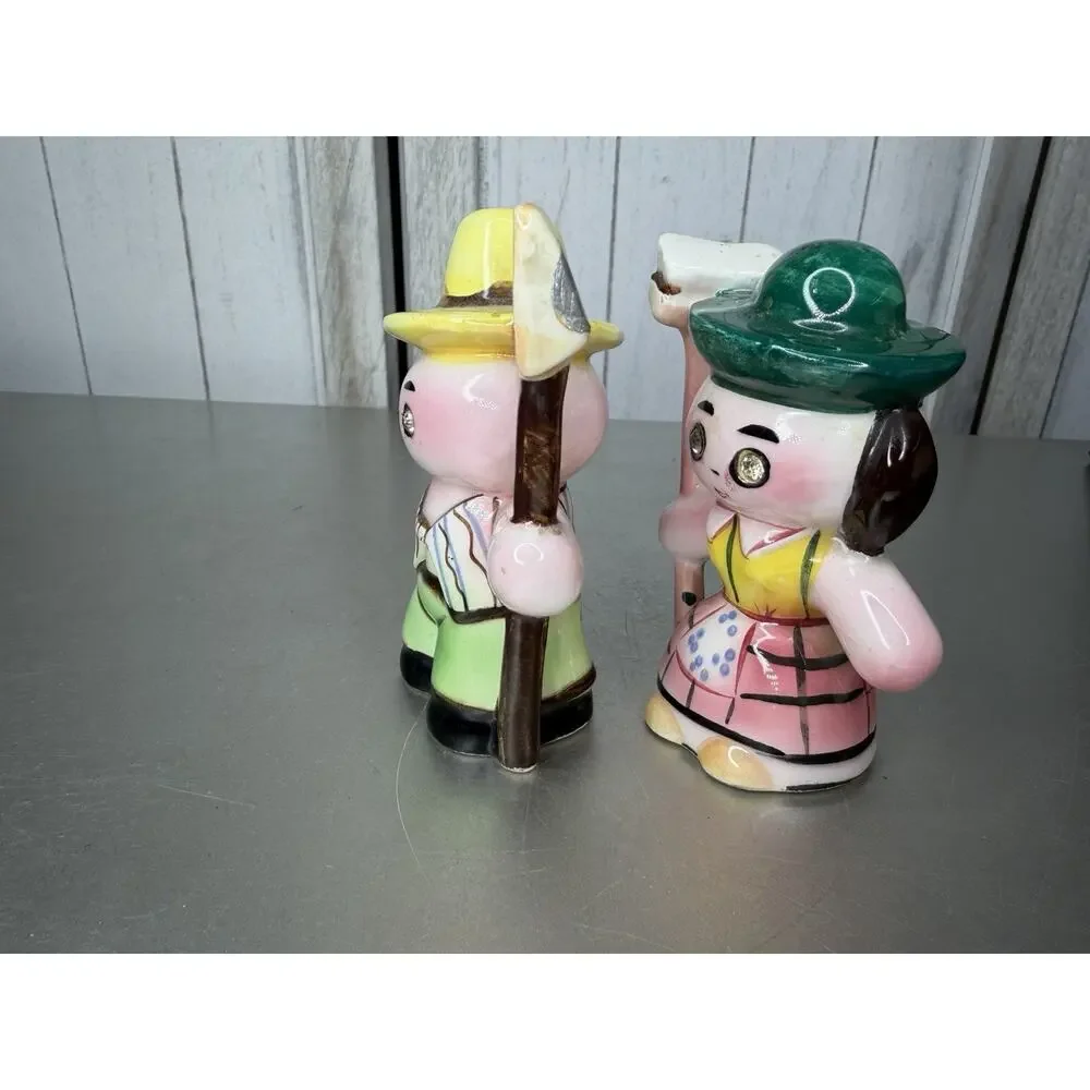 Vintage Lefton Anthropomorphic Farmer & Wife Salt & Pepper Shakers Jewel Eyes